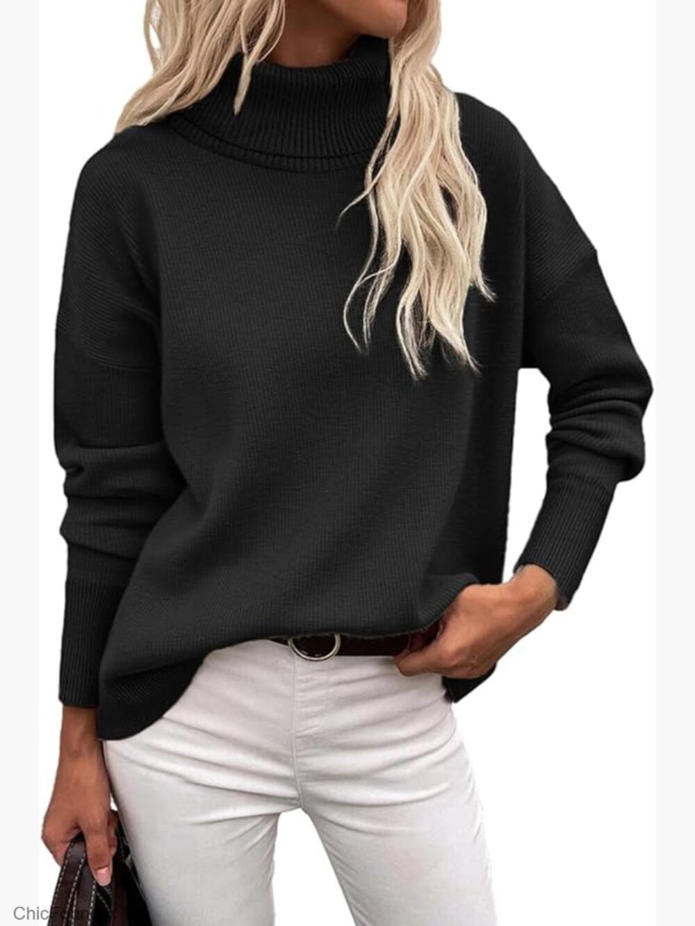 Chunky Knit Turtleneck Sweater Oversized Pullover High Low Hem Winter Top